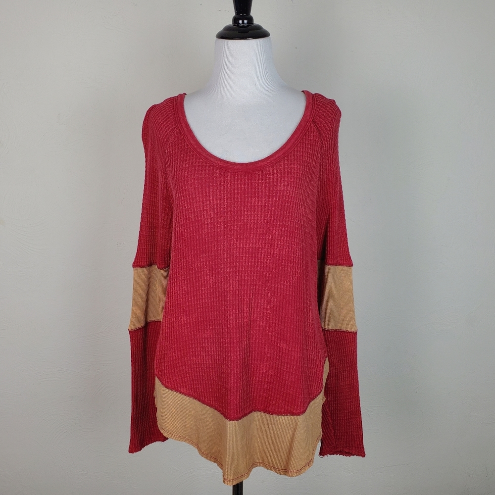 We the Free People Top Diamond Dozen Thermal Boho Waffle Knit Pink Tan